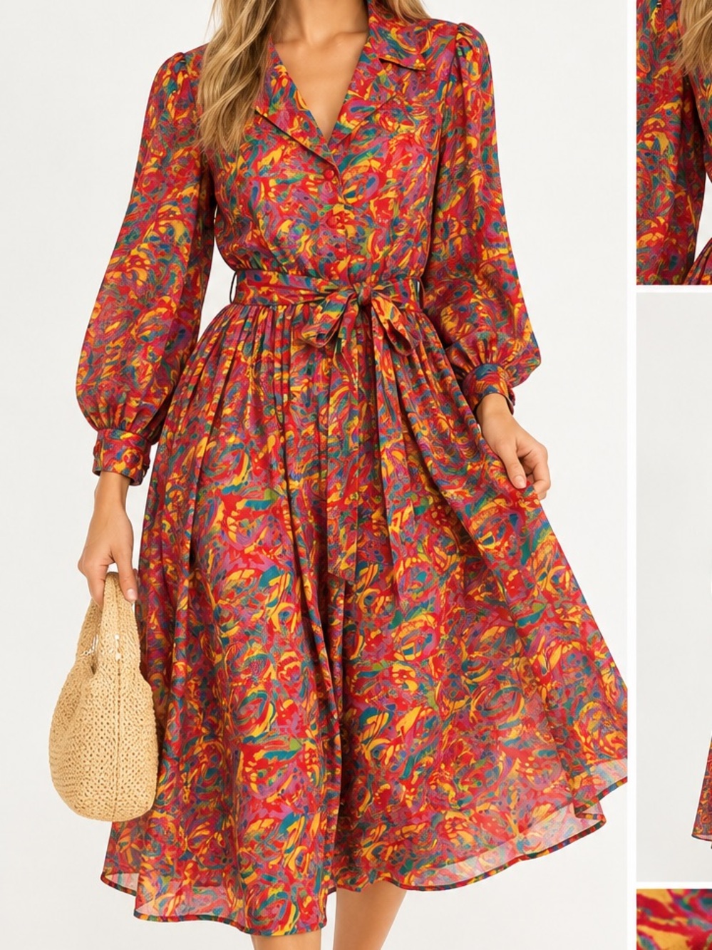 Vintage silk Abstract Print Belted Midi Dress Red Multicolor Feel Long Sleeve